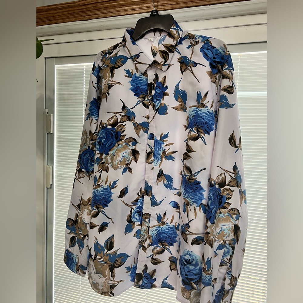 Blue and white floral shirt men’s dress shirt XL